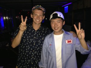 Making friends in Korea.  This guy was wearing a 3M uniform he found at a thrift store.