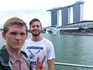 At the Marina with the Marina Bay Sands Resort behind us.  The top left section of the building is the Skydeck.
