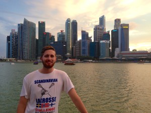 At the Marina, behind Alex is downtown and where our hostel is, in front of him is the Marina Bay Sands Resort.