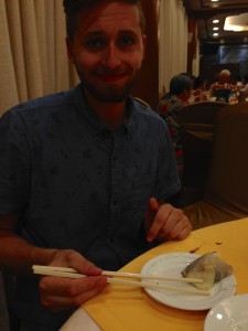 Alex with his rolled pancake