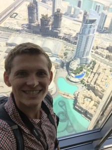 A selfie from the 125th floor of the Burj Khalifa (this is about 3/5 of the way of the building and as high as a normal person can go).  Also that little building in the background is the Address Hotel.  It is almost 1,000 ft tall and is the 36th tallest building in the world.  