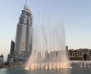 The Dubai Fountain with the Address Hotel in the background.  The Fountains are AMAZING and in my time in Dubai I went to go see seven shows.  The fountain is over 900 ft long and cost $218 million to build. In short it is WAY better than the Bellagio.