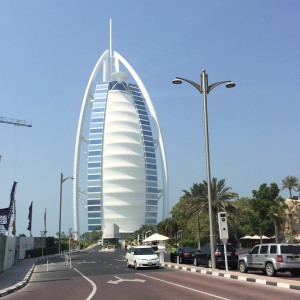 The Burj Al Arab up close.  You can not go any farther without having proof of a room in the hotel or a reservation at one of its luxurious restaurants. :