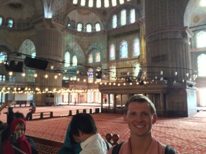 Inside the Sultan Ahmed Mosque (Blue Mosque).  At its lower levels and at every pier, the interior of the mosque is lined with more than 20,000 handmade İznik style ceramic tiles.