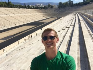 At the Panathenaic Stadium, the birthplace of the modern Olympics.  It is the only stadium in the world built entirely of marble.