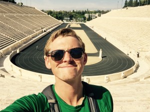 At the Panathenaic Stadium, the birthplace of the modern Olympics.  It is the only stadium in the world built entirely of marble.